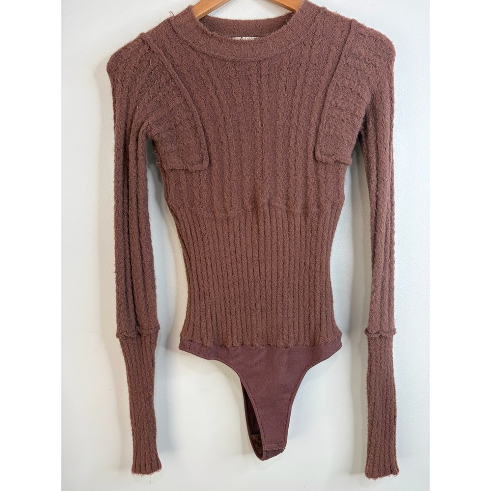 Intimately Free People Cable Knit Fuzzy Bodysuit Sz S Brown Mauve Boho Y2K Soft